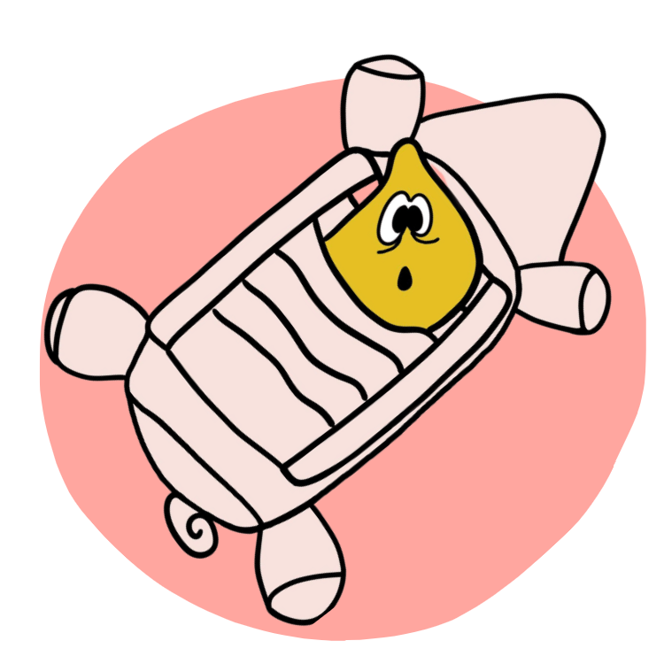 Illustration of Piggle on it's back with an organ/treat holder sticking out of the slats.