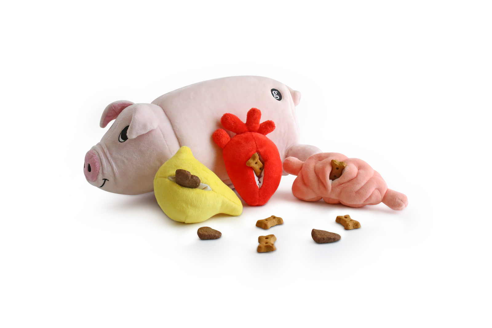 Piggle with plush inserts leaning against it and treat pockets facing camera.